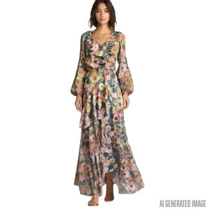 Olia Floral Long Sleeve Maxi Faux Wrap Dress Small Boho Cottagecore Coquette